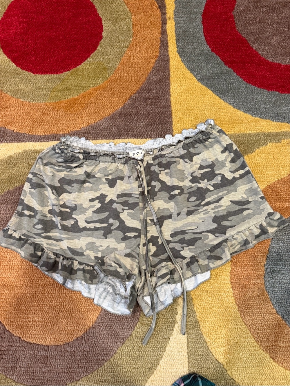 POL Camo Print Short Mini Ruffle Pajama Sleep Shorts Lightweight Women’s Large